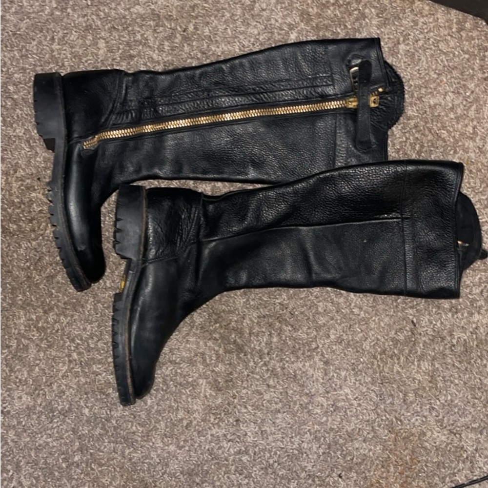 Vibram Black Leather Over the Knee Boots with Gold Zipper